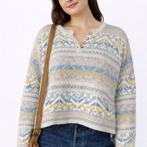 Vintage Lizwear Fair Isle Sweater Button Neck Cropped Knit Large